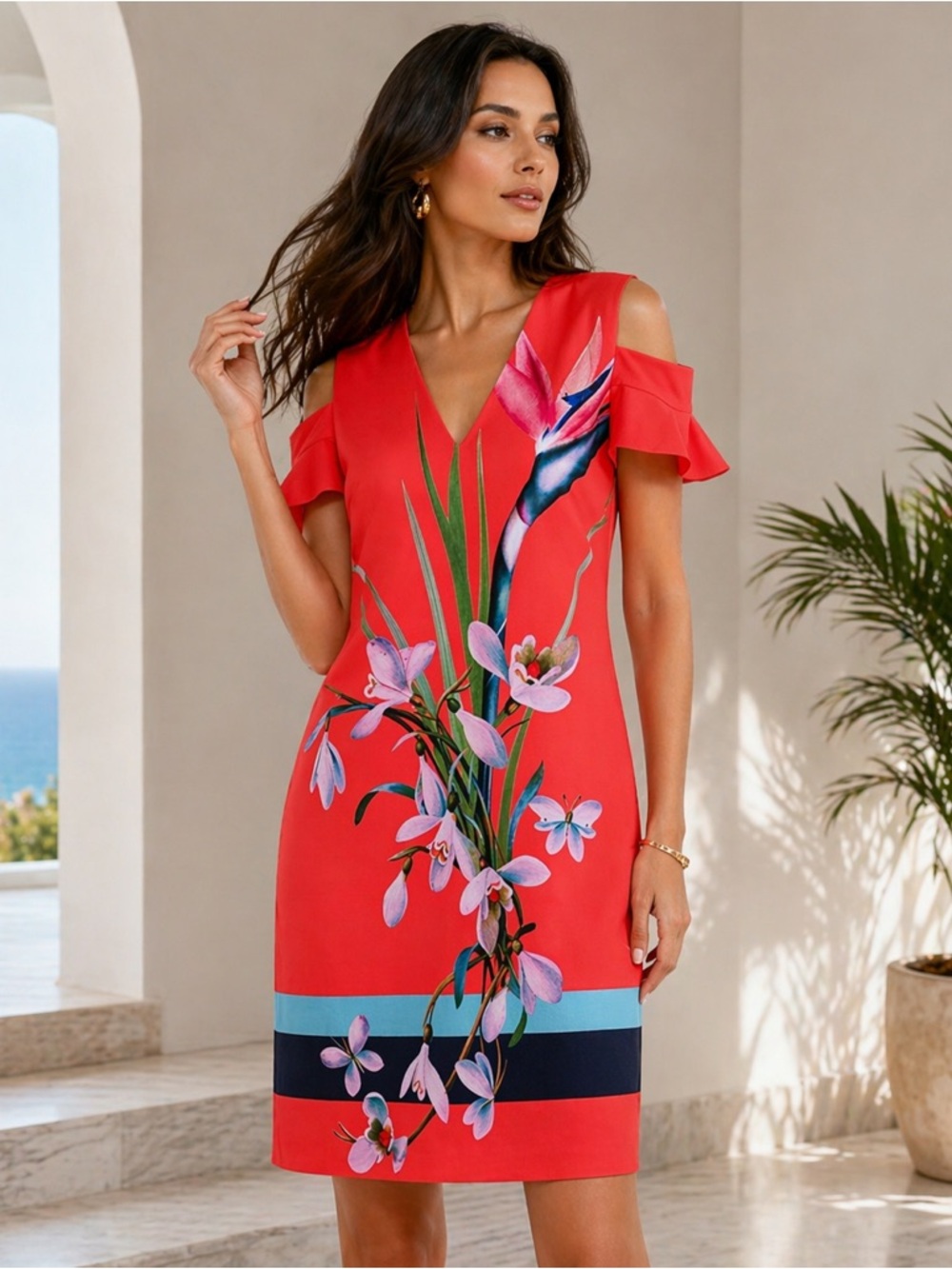 Ted Baker Red Floral Cold-Shoulder Mini Dress with Blue Accents